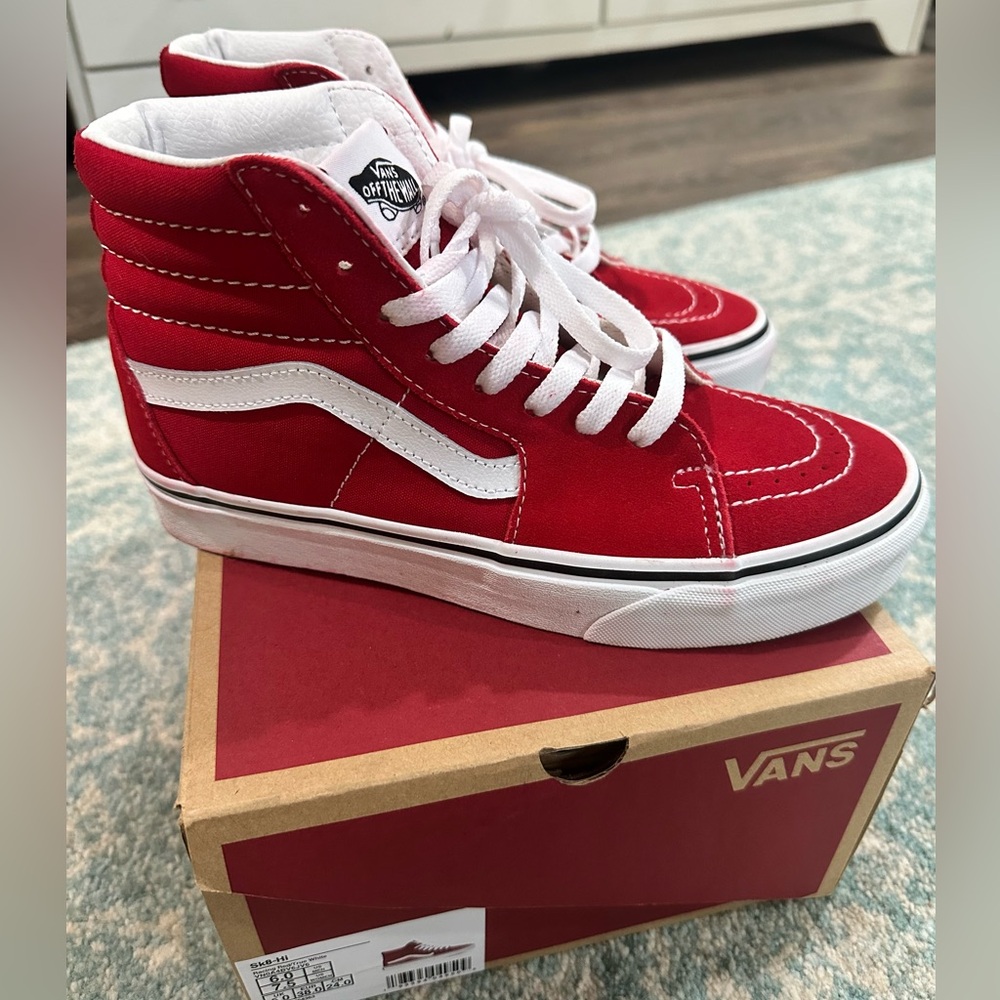 Vans Sk8-Hi True White and Racing Red Sneakers